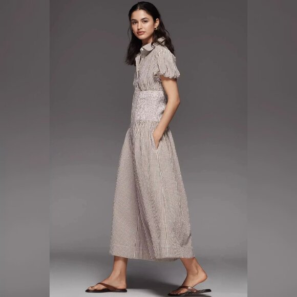 Anthropologie Maeve Puff-Sleeve Smocked Wide-Leg Jumpsuit 1X Women Plaid 44090 - Picture 1 of 5